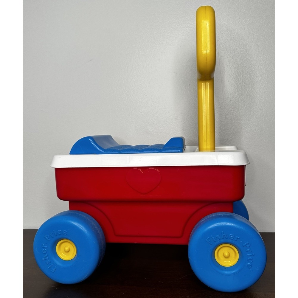 Vintage 1990 Fisher Price Little Red Ride On Wagon Yellow Blue Toddler Push Toy